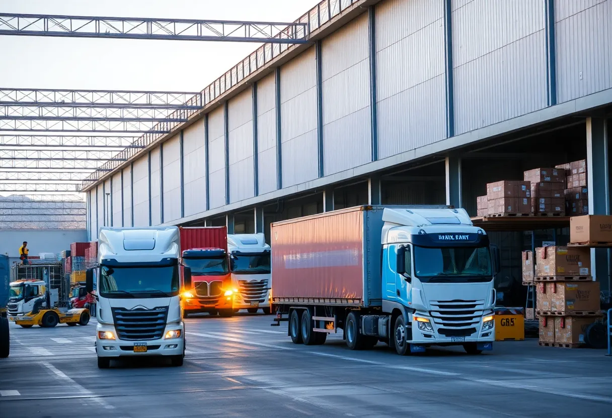 A view of an industrial warehouse in Southern California showing trucks and loading activities.