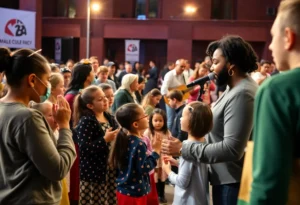 Families celebrating at the Irvine Barclay Theatre's anniversary block party with activities and live music.