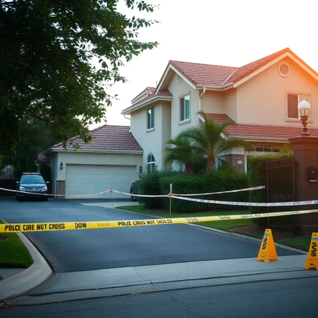Suburban home in gated community marked as crime scene