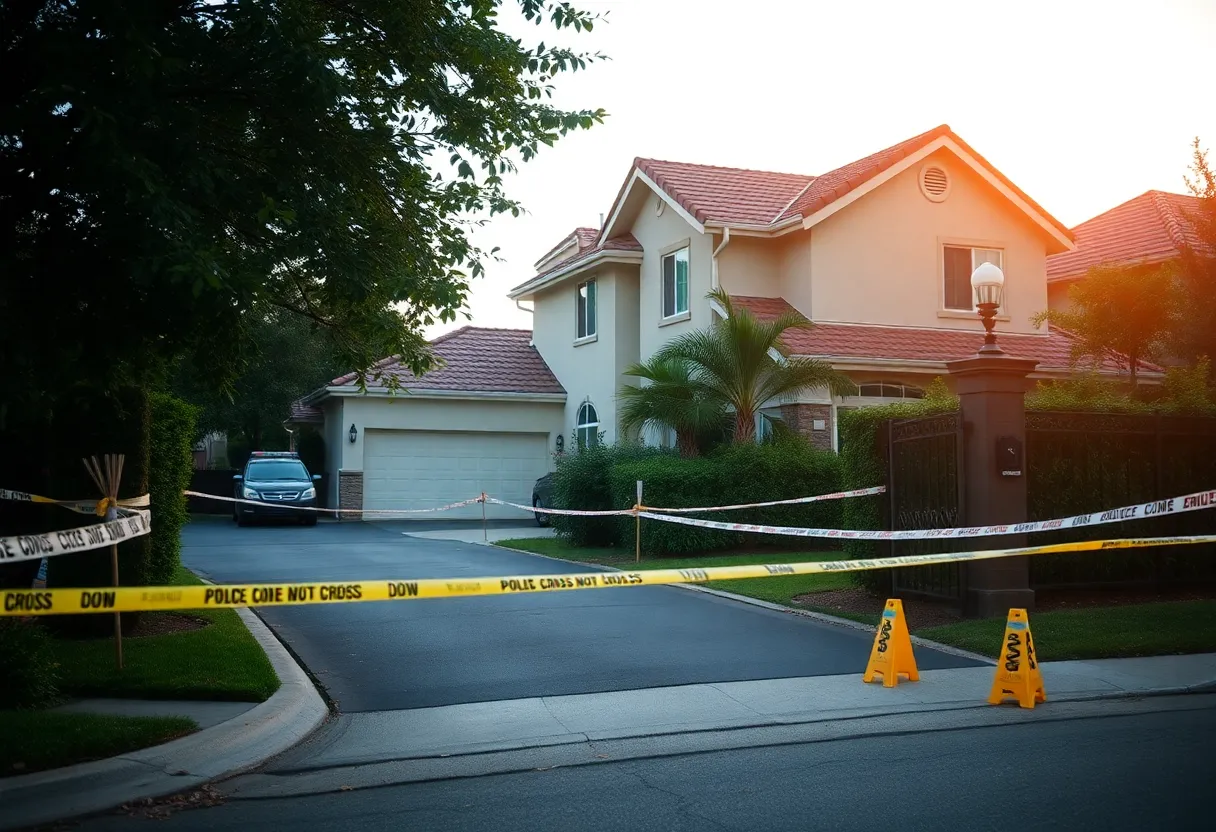 Suburban home in gated community marked as crime scene