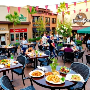 Outdoor dining scene at Irvine Spectrum Center with various restaurant dishes