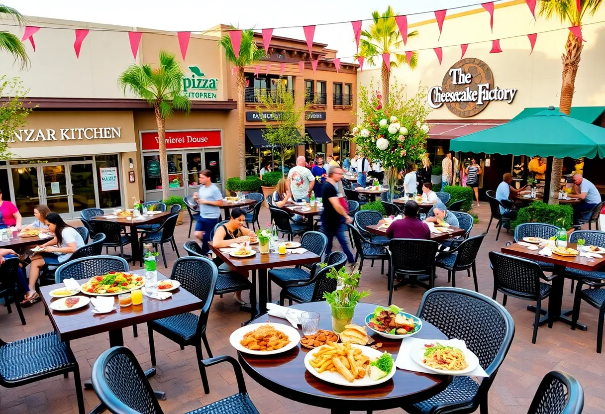 Outdoor dining scene at Irvine Spectrum Center with various restaurant dishes