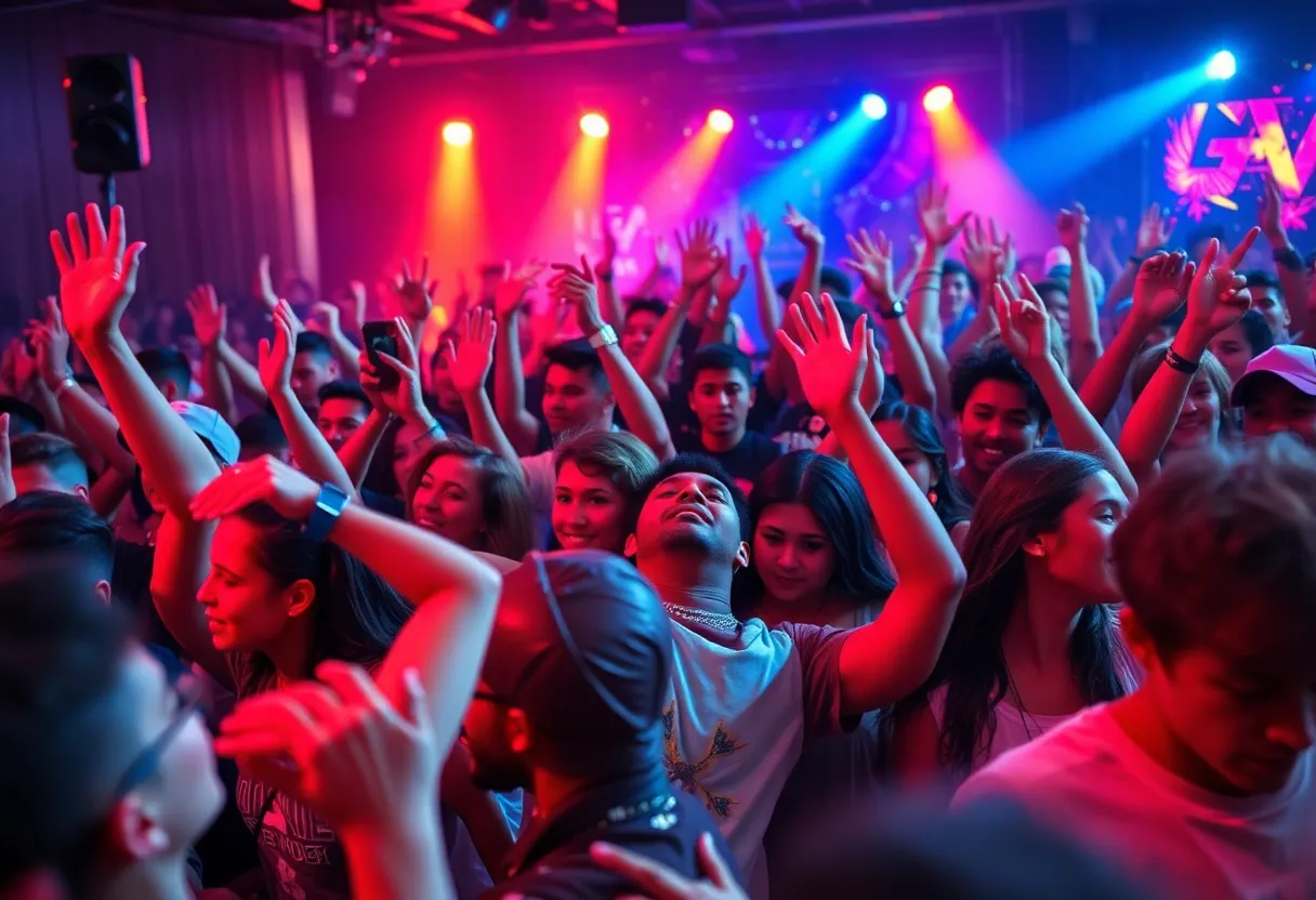 Energetic hip-hop concert with fans enjoying the performance.