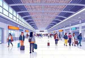 Interior view of John Wayne Airport terminal with happy travelers