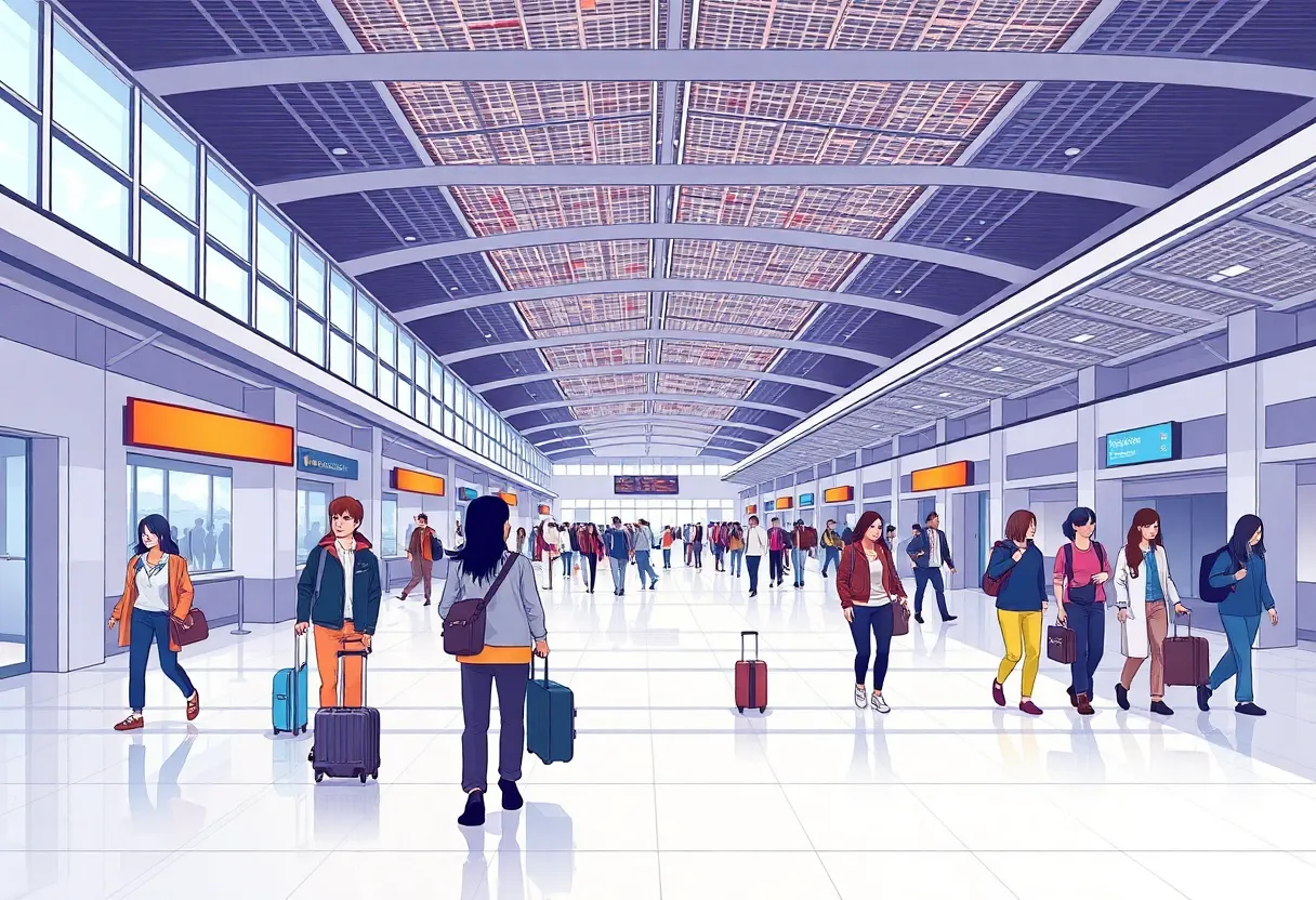 Interior view of John Wayne Airport terminal with happy travelers