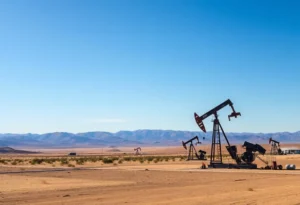 Oil wells in Kern County, California with hills in the background.