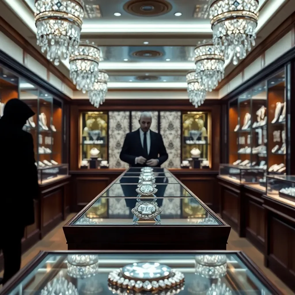 Interior of a luxury jewelry store with diamond displays