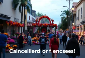 Street scene of a Día de los Muertos celebration with colorful altars.
