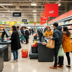Employees assisting customers at self-checkout stations in a grocery store.