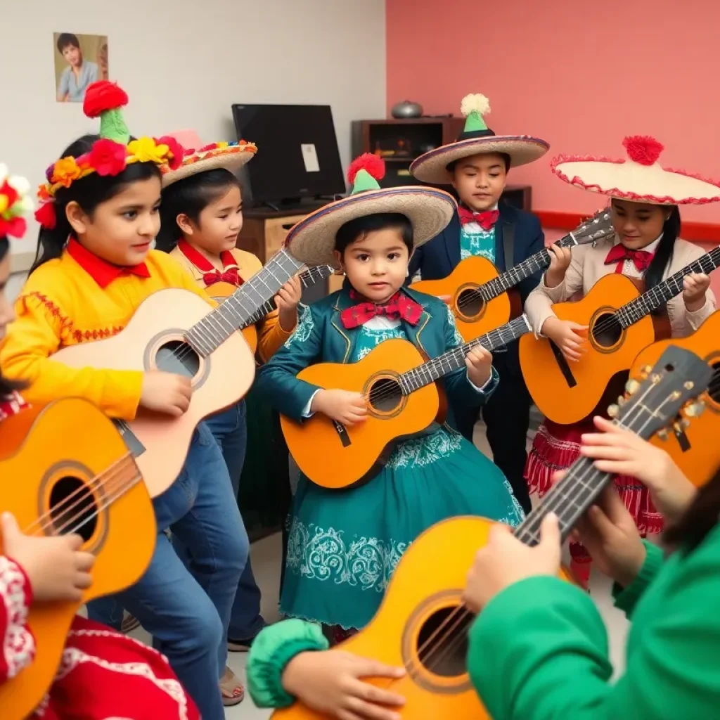 Students participating in a mariachi music workshop.