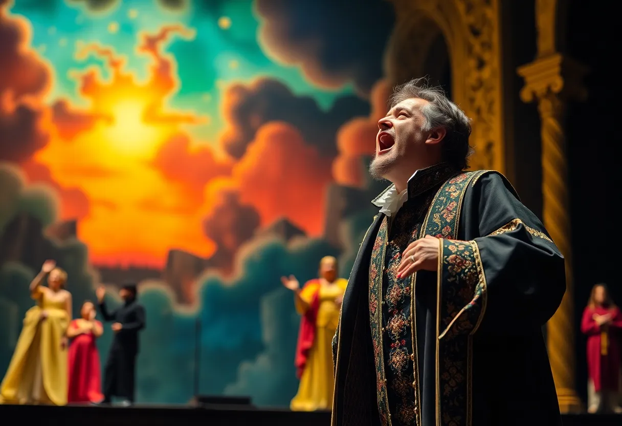 Efraín Solís performing at the Metropolitan Opera with a dramatic backdrop