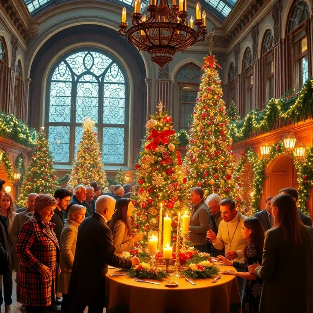 Scene from Miss Bennet Christmas at Pemberley, showing a festive gathering at Pemberley estate.