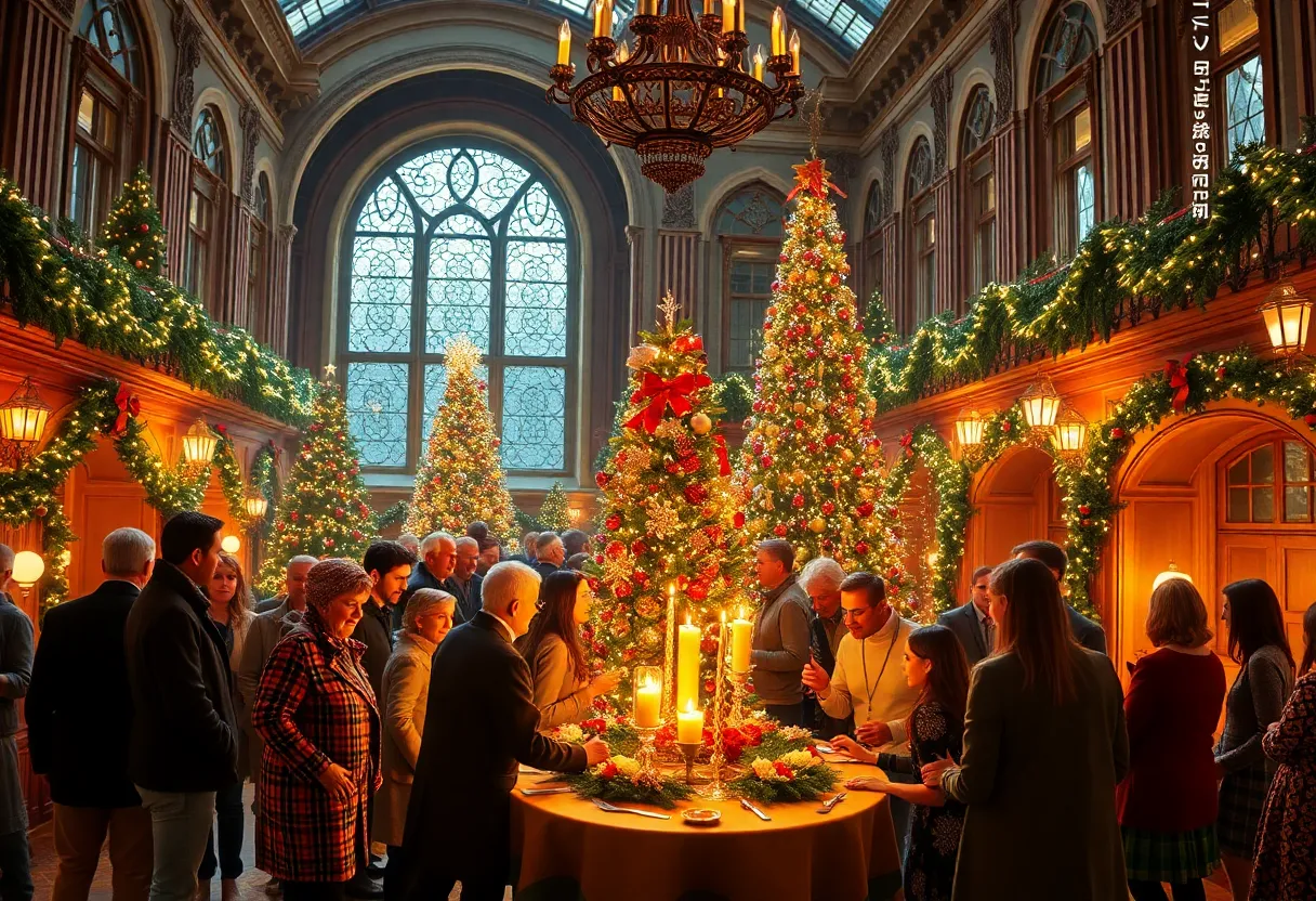 Scene from Miss Bennet Christmas at Pemberley, showing a festive gathering at Pemberley estate.