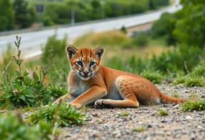 Mountain lion cub playing in lush greenery near a highway