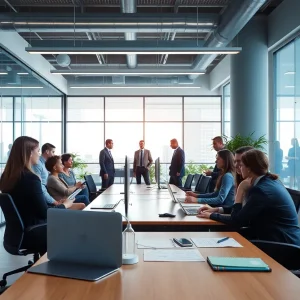 Diverse team in a corporate office working on compliance strategies