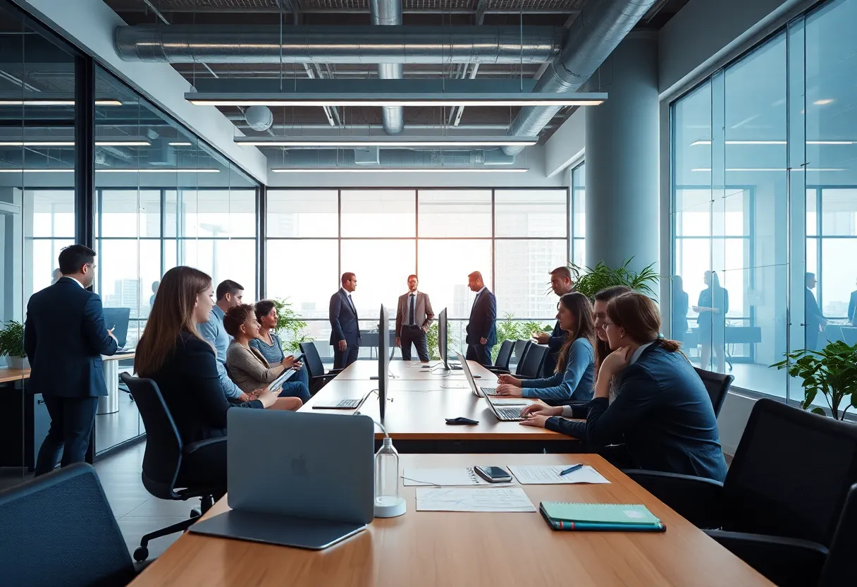 Diverse team in a corporate office working on compliance strategies