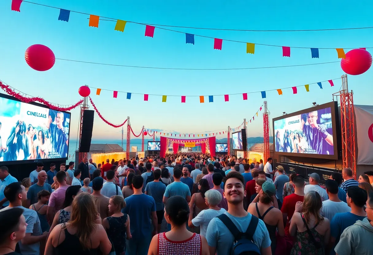 Scene from Newport Beach Film Festival with attendees and cinema screens.