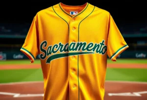 Gold alternate jersey of the Oakland Athletics with Sacramento written in green font.