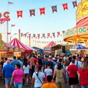 Crowds enjoying the OC Fair in Costa Mesa, California with colorful rides and food stalls.