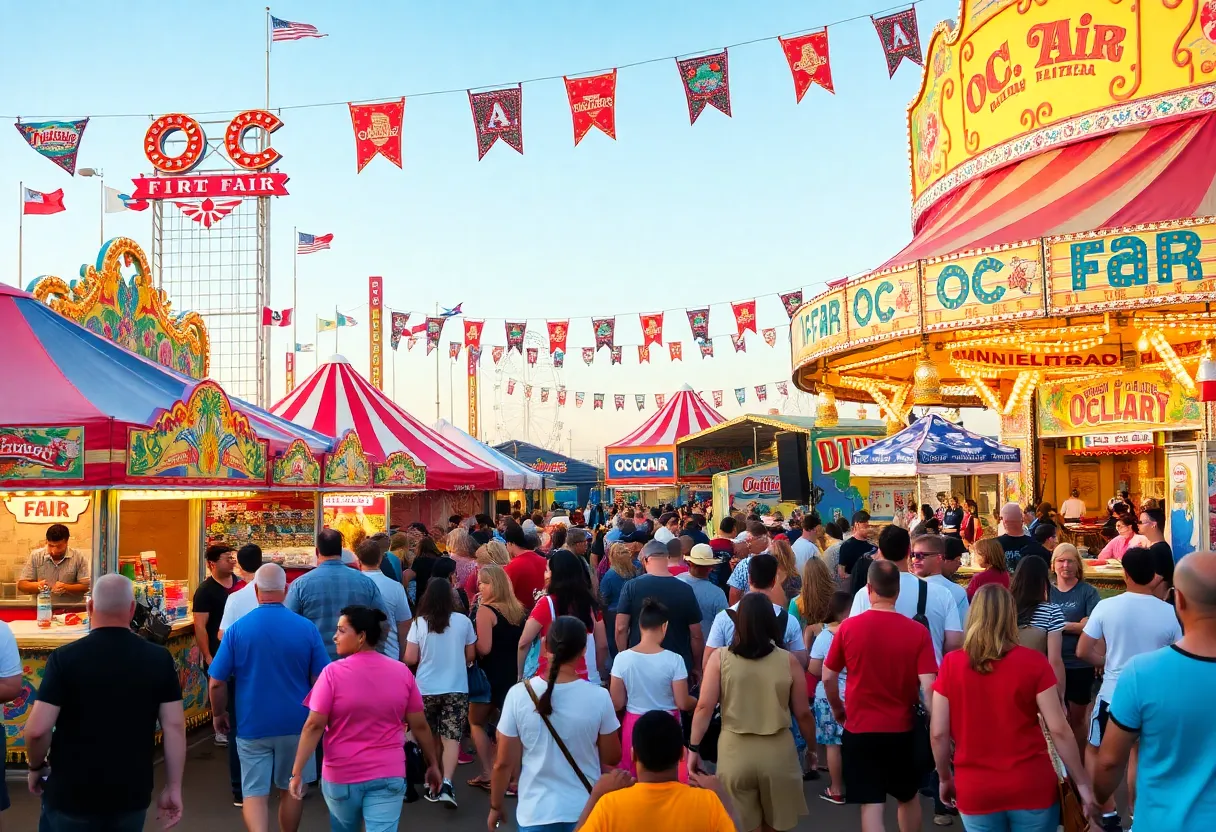 Crowds enjoying the OC Fair in Costa Mesa, California with colorful rides and food stalls.