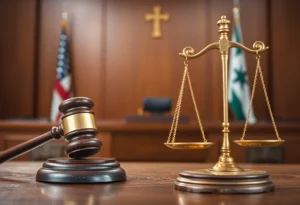 Courtroom scene depicting legal proceedings related to trademark rights