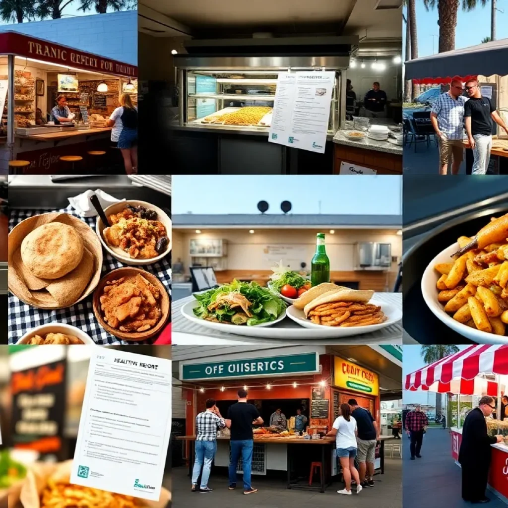 A collage depicting food vendors in Orange County with health inspection elements.