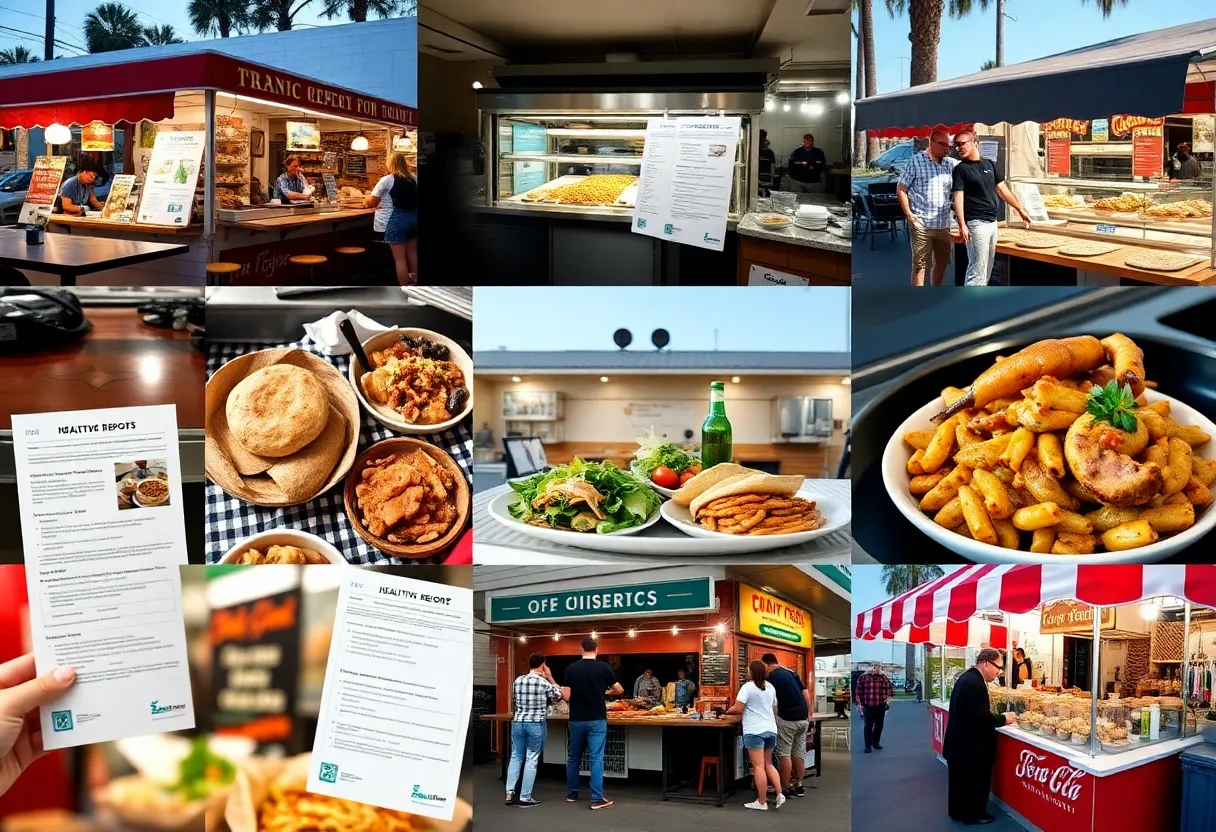 A collage depicting food vendors in Orange County with health inspection elements.