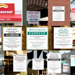 Collage of restaurant signs in Orange County indicating closures and reopenings.