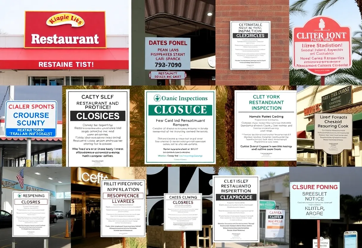 Collage of restaurant signs in Orange County indicating closures and reopenings.