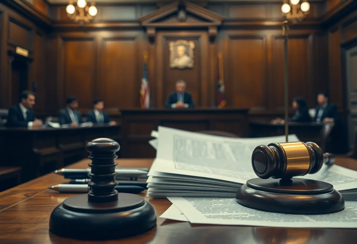 Legal documents and courtroom representing workplace misconduct