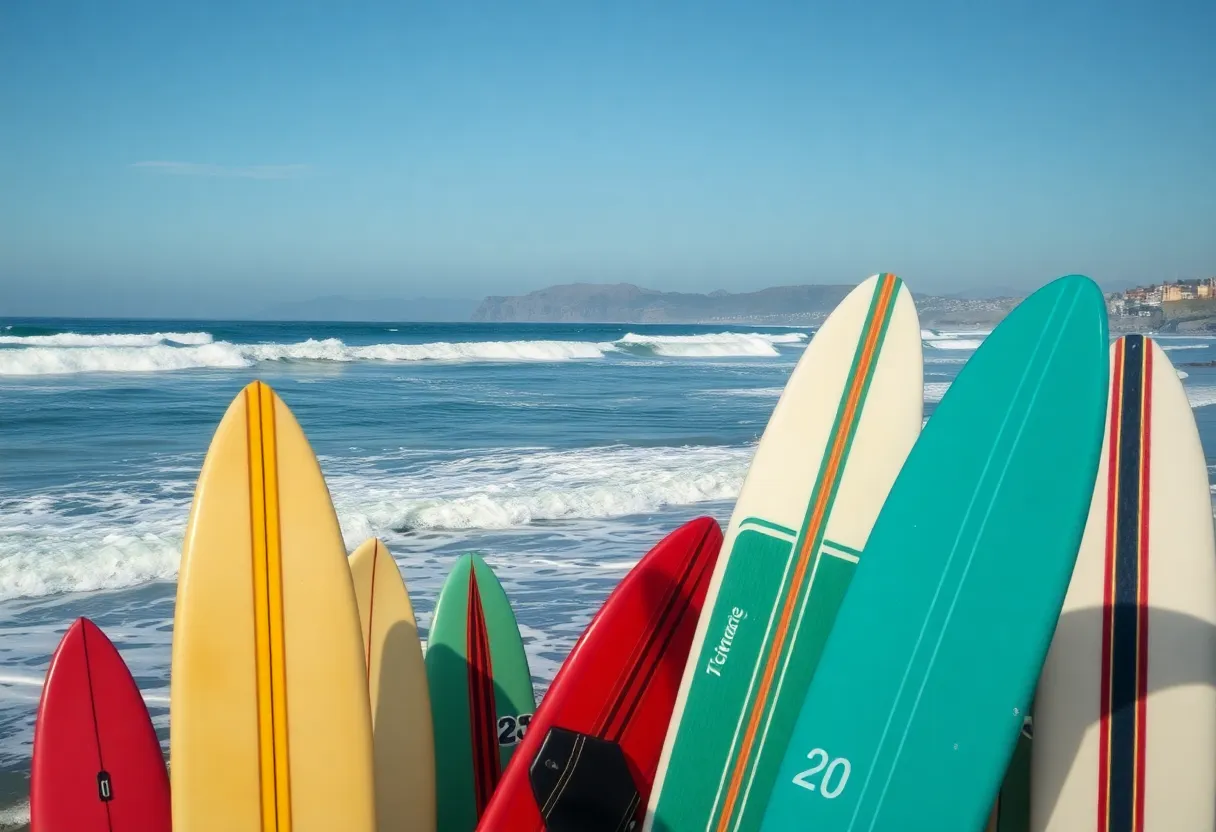 Surfboards lined up along the Orange County beach with waves in the background.