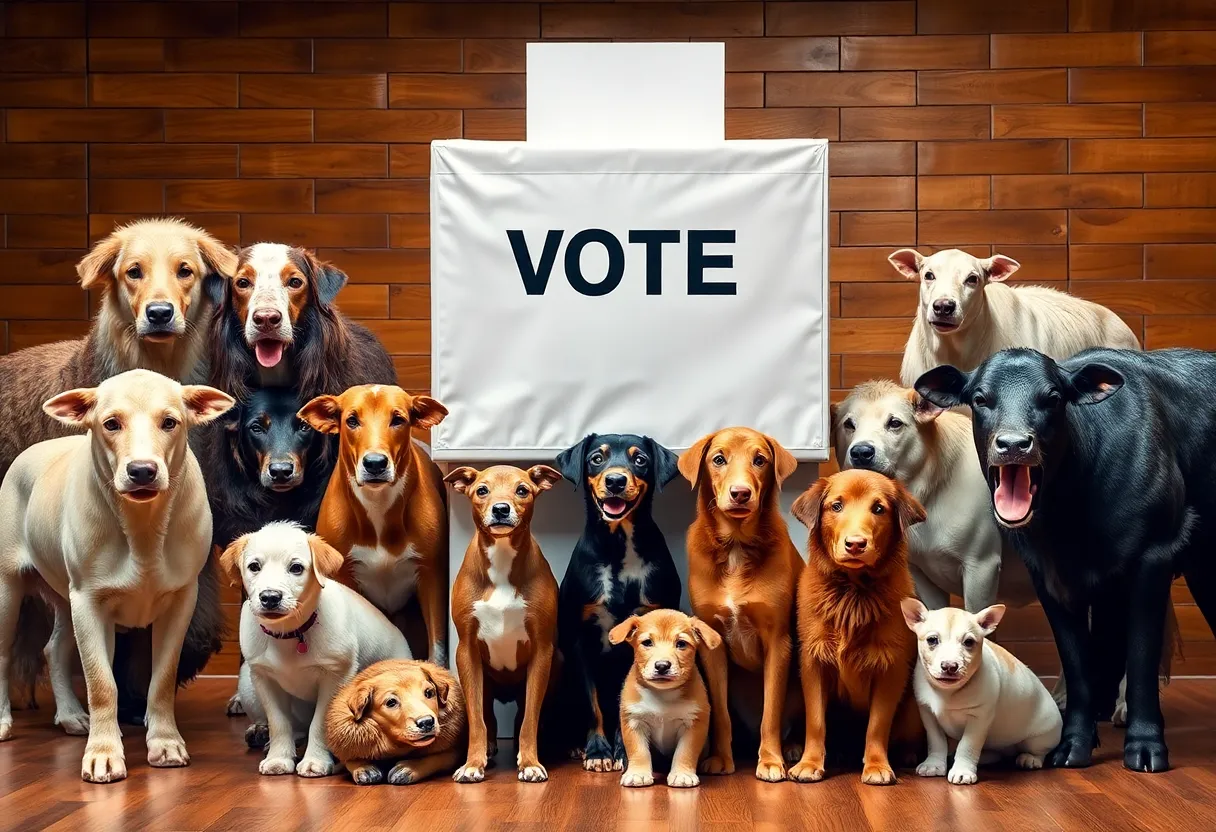 Animals around a voting booth illustrating non-human registrations in voting