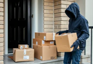 Illustration of package theft situation at an apartment complex