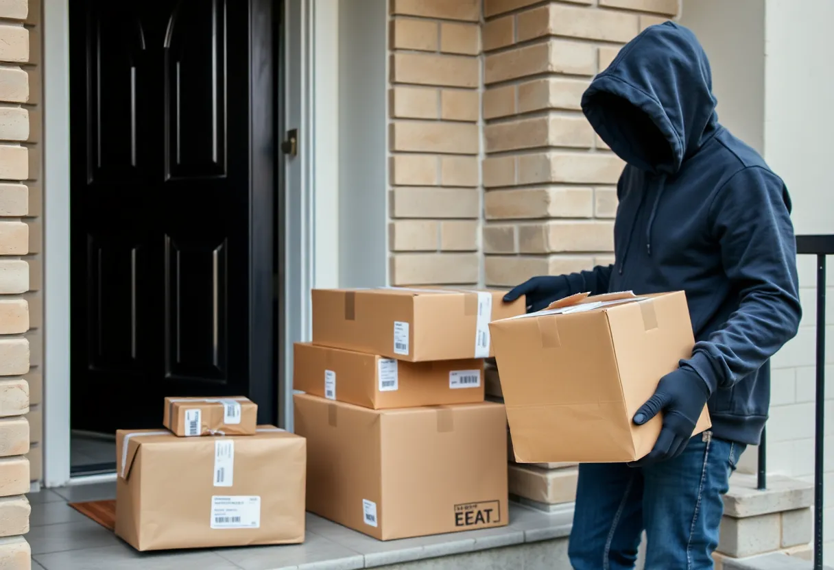 Illustration of package theft situation at an apartment complex