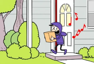 Cartoon character humorously depicted stealing a package with music notes around.