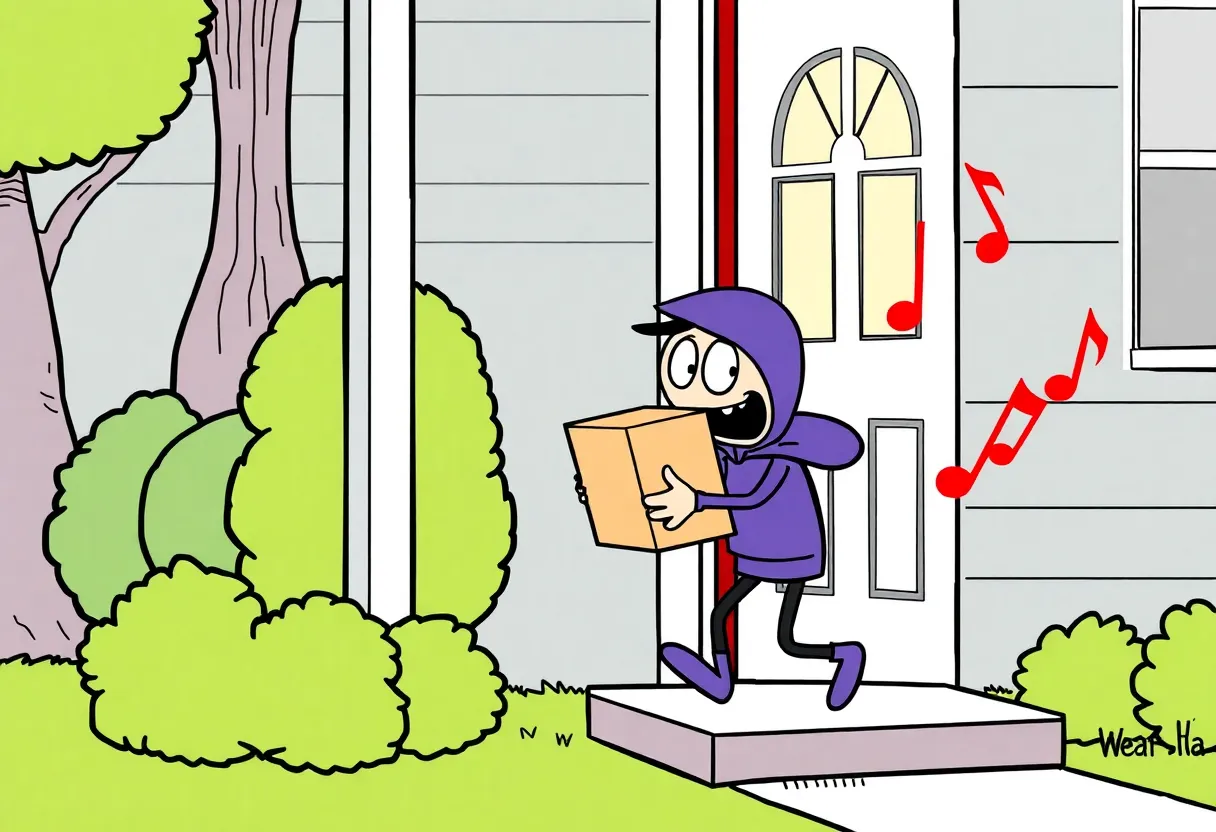 Cartoon character humorously depicted stealing a package with music notes around.