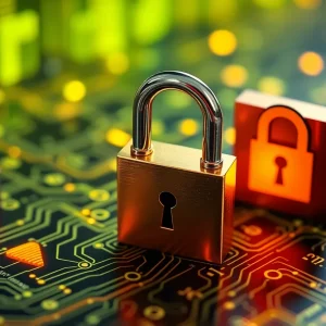 Digital illustration depicting quantum computing concepts related to data security.