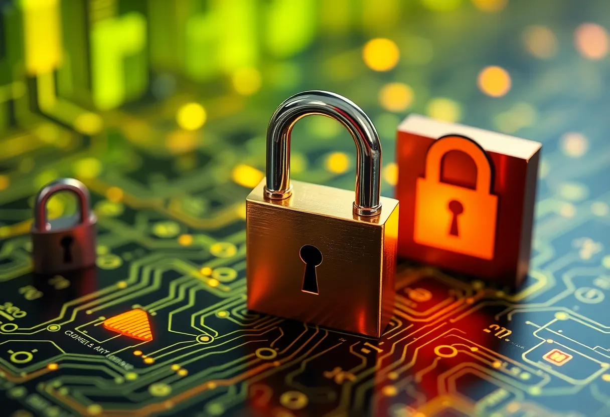 Digital illustration depicting quantum computing concepts related to data security.