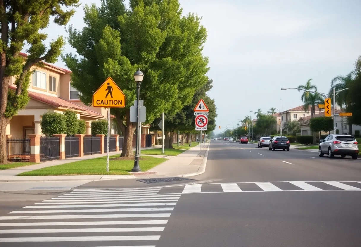 A residential street in Orange, California with pedestrian safety measures