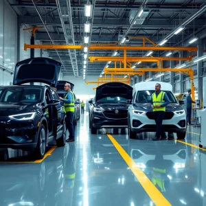 A production facility for electric vehicles with workers and vehicles showcased.