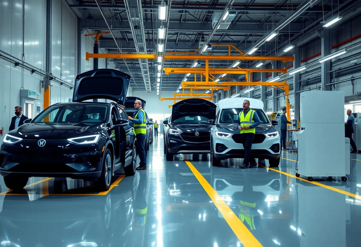 A production facility for electric vehicles with workers and vehicles showcased.
