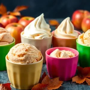 Five unique apple ice cream flavors from Salt & Straw displayed in colorful bowls with seasonal decorations.