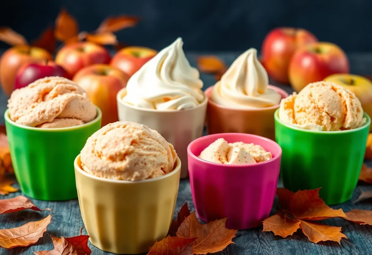 Five unique apple ice cream flavors from Salt & Straw displayed in colorful bowls with seasonal decorations.