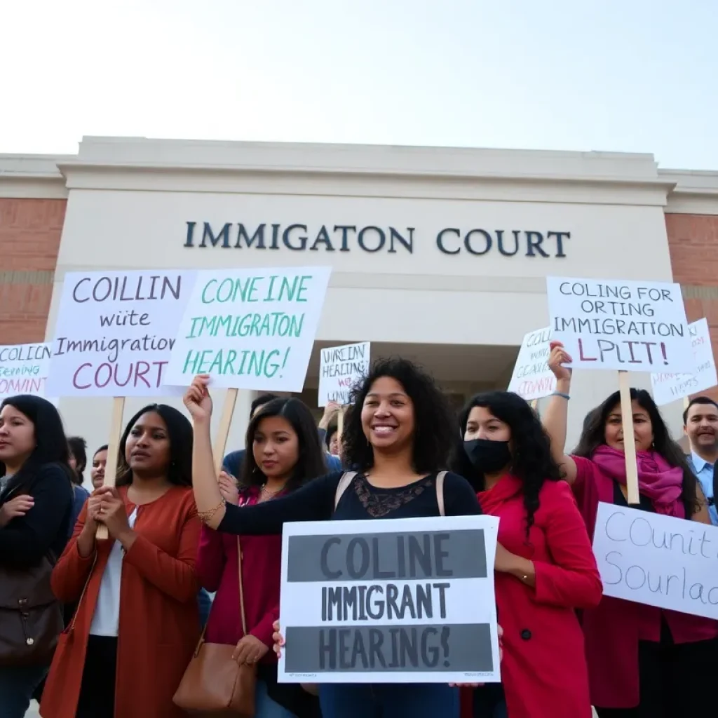 Community activists holding signs outside Santa Ana Immigration Court