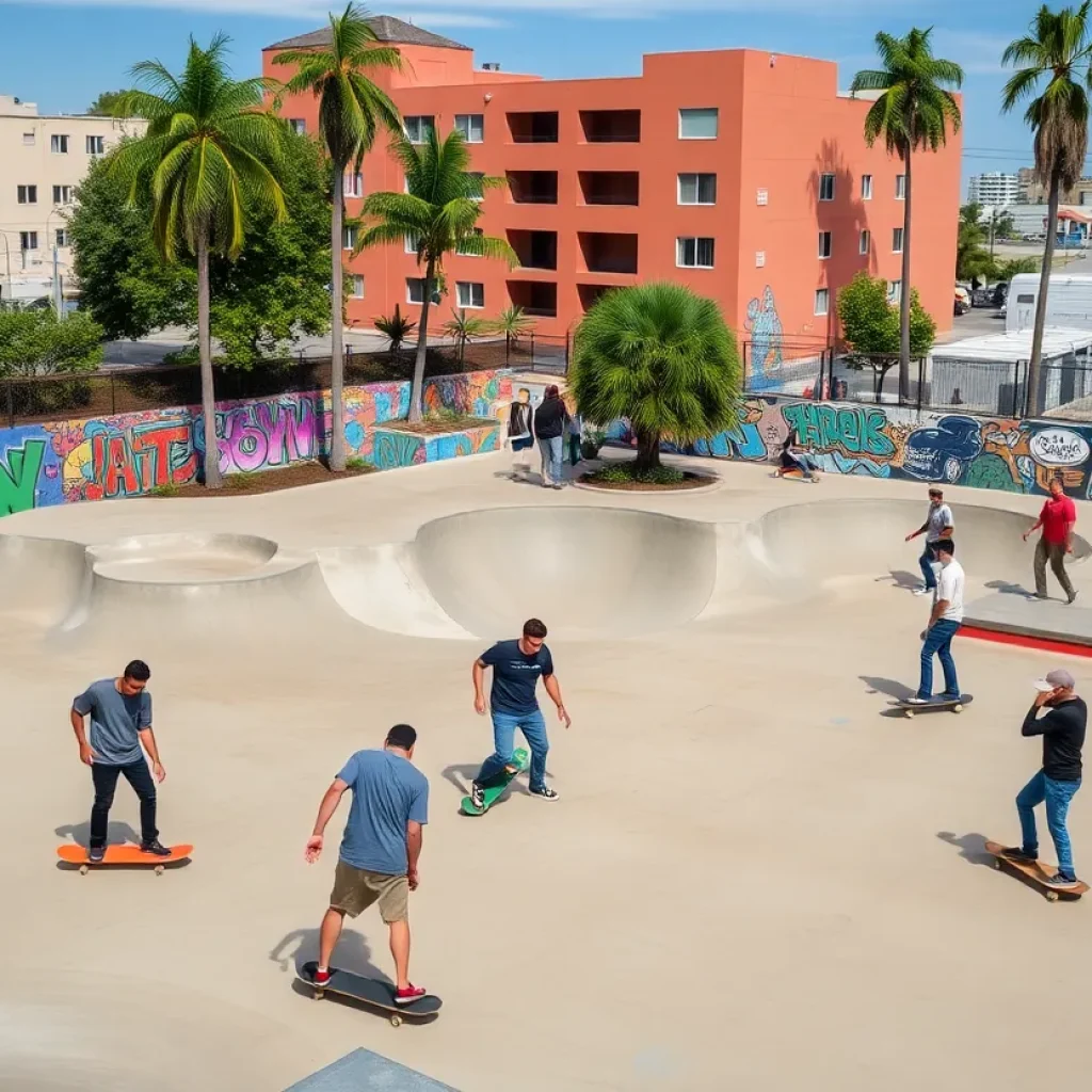 Skaters enjoying the newly opened skate park in Santa Ana.
