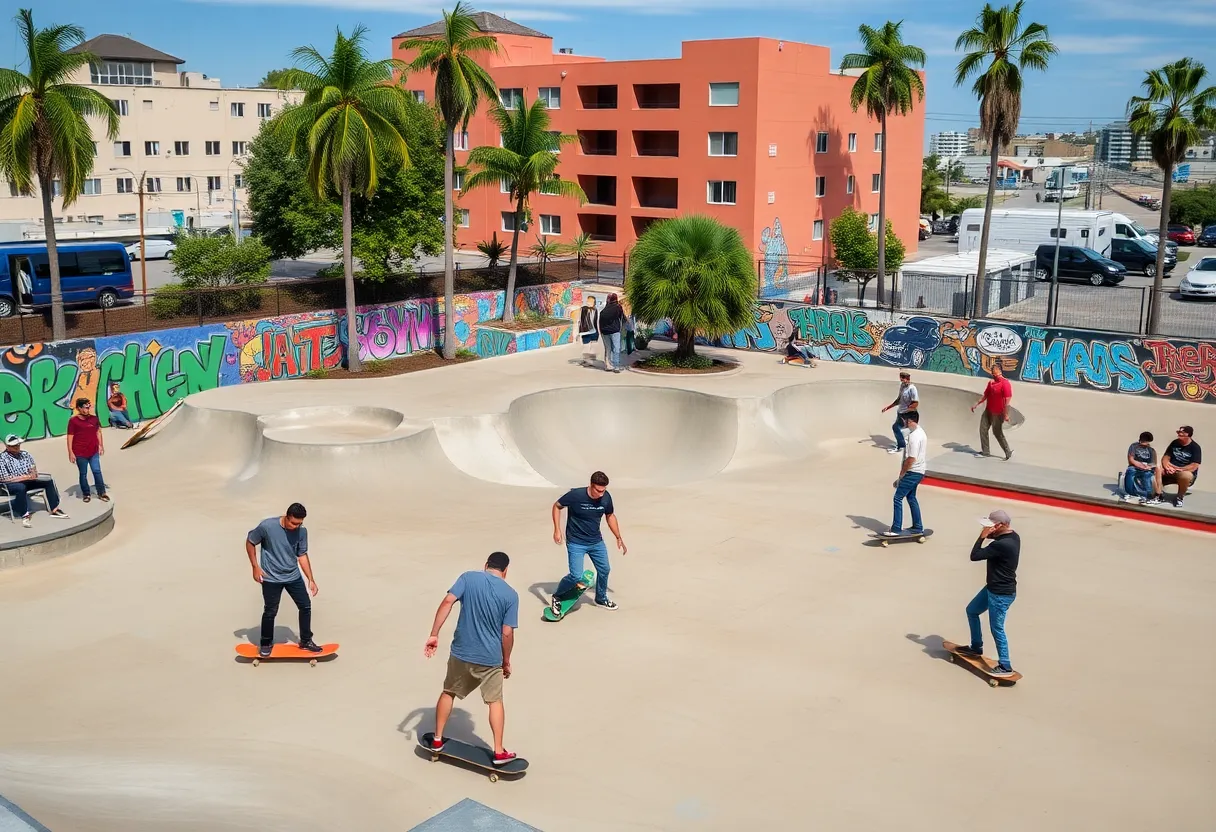 Skaters enjoying the newly opened skate park in Santa Ana.