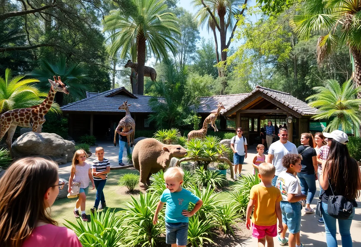 Visitors enjoying the renovated Santa Ana Zoo with various animal habitats.