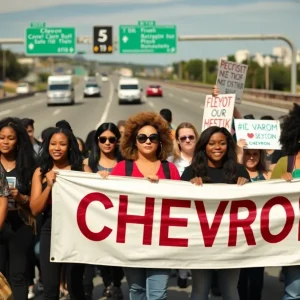 Demonstrators with Chevron boycott banners on a freeway.