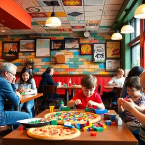 Jobs Costa Mesa California Area Families enjoying pizza and children with LEGO sets at Sgt. Pepperoni’s fundraiser