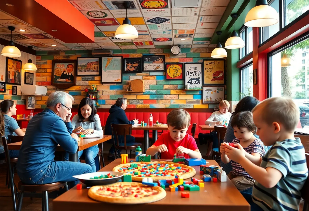Families enjoying pizza and children with LEGO sets at Sgt. Pepperoni’s fundraiser
